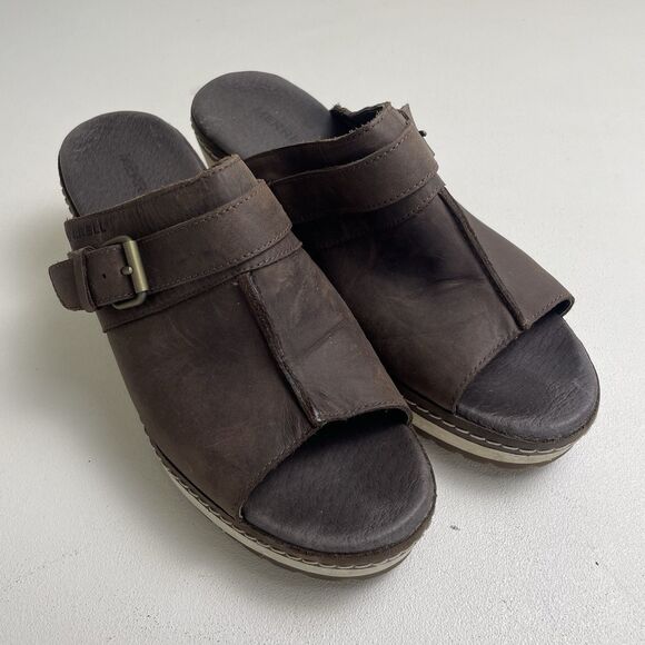 Merrill Halendi sandals women 8 brown nubuck platform chunky heel peep Slip On - Picture 1 of 8